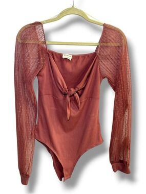 Peach Love California Large Mauve Ribbed Sheer Mesh Long Sleeve Bodysuit